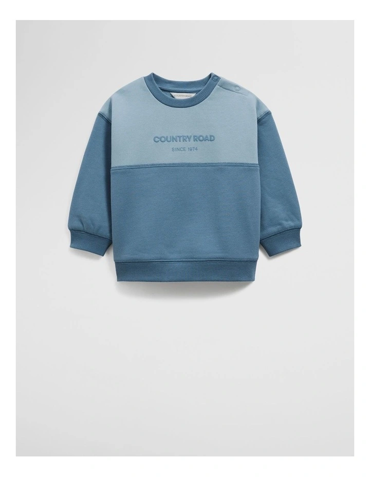 Australian Cotton Spliced Logo Sweat in Faded Blue