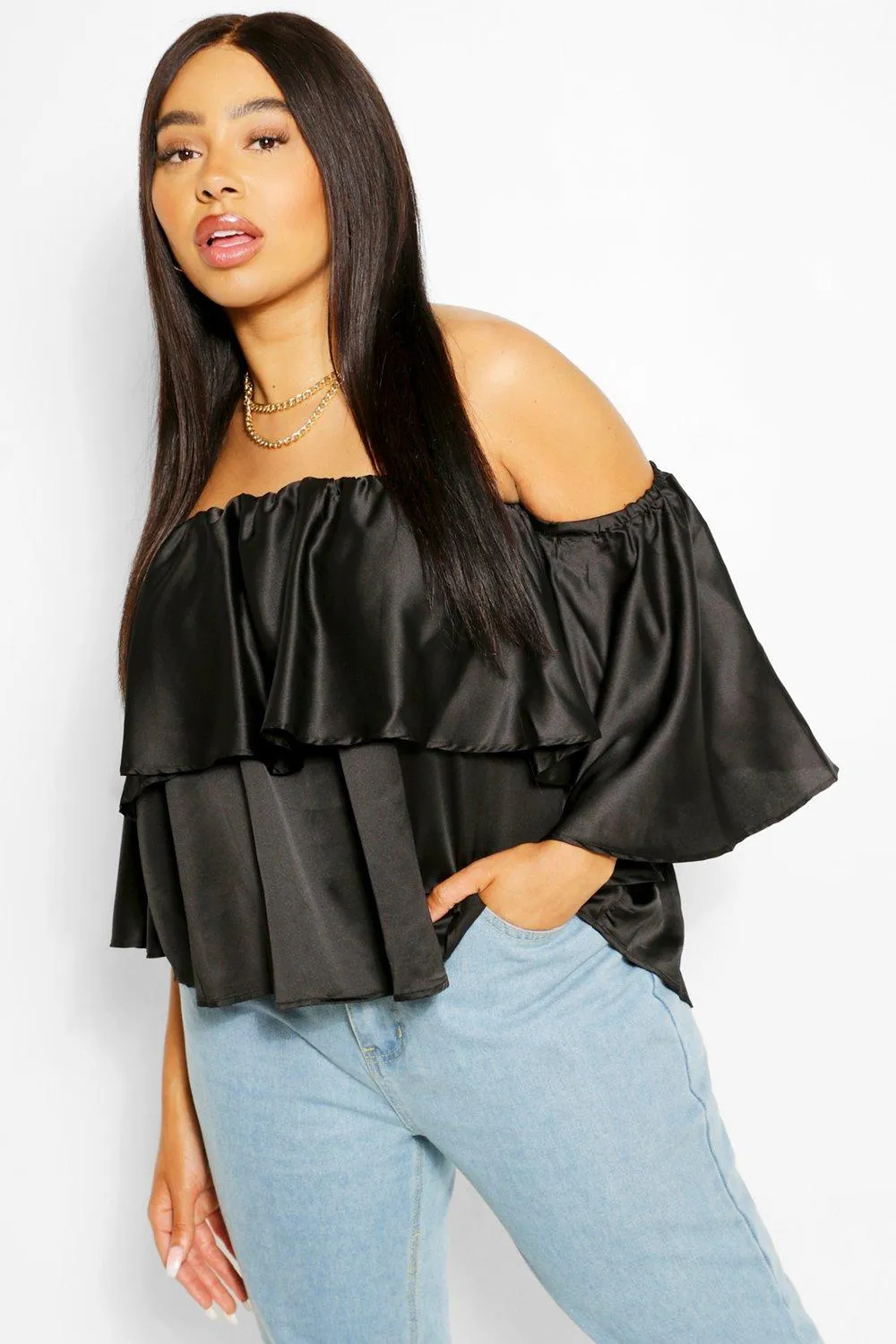 Plus Satin Off The Shoulder Top